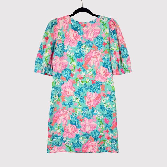 Lilly Pulitzer Dress Blue Cayce Mini Puff Sleeve Floral Luscious Lions Small - Picture 3 of 11